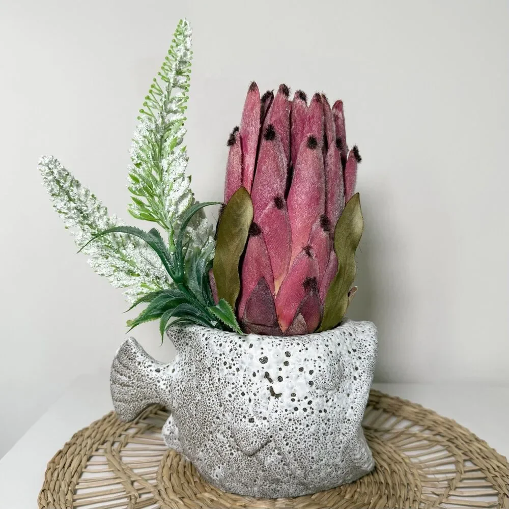 Handmade Artificial Pink Protea in Textured Fish Planter Arrangement